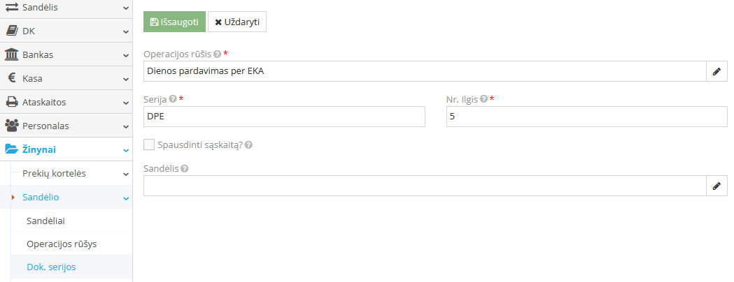 Dienos pardavimo per EKA serijos nustatymo pavyzdys