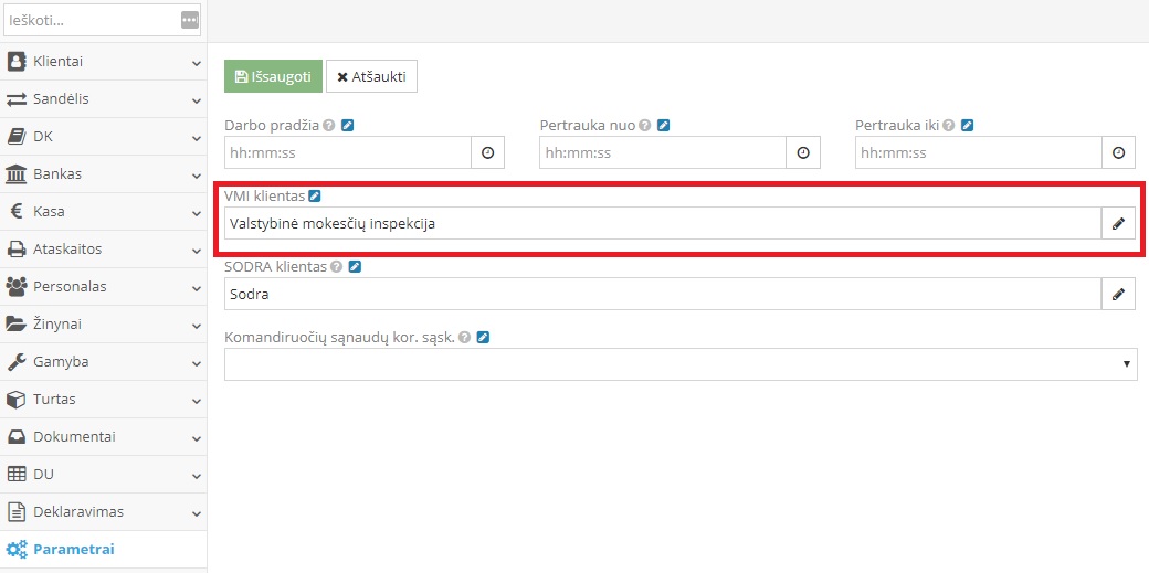 VMI kliento priskyrimas buhalterijos nustatymuose