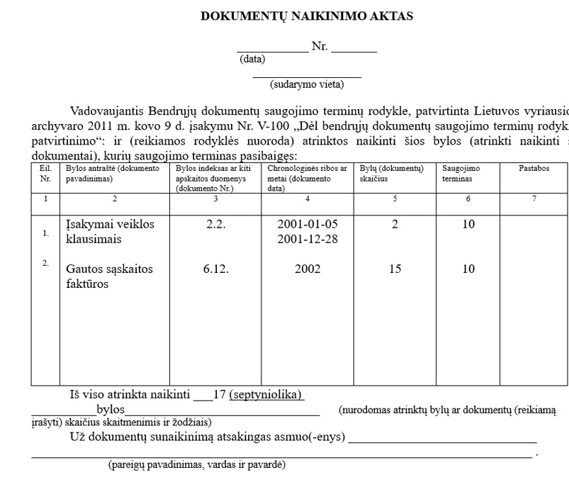 Dokumentų naikinimo akto pavyzdys