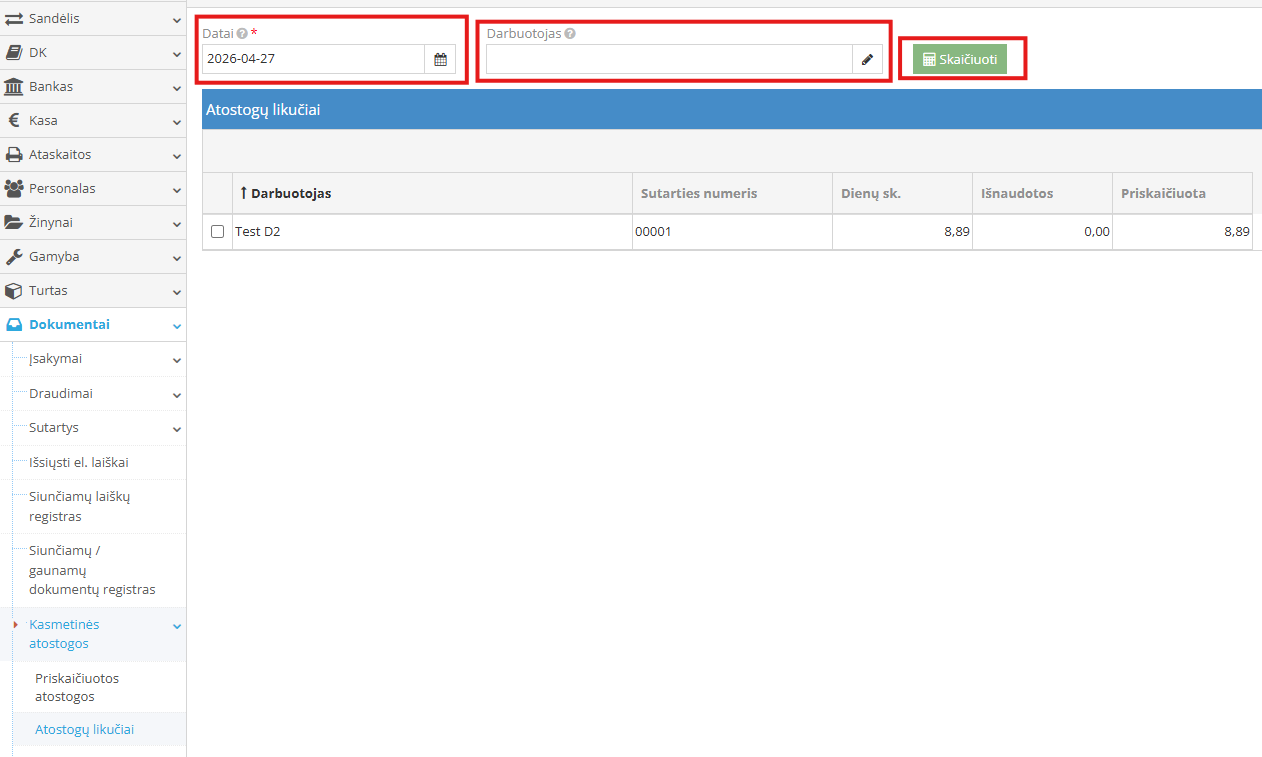 Atostogų likučių skaičiavimas parinktai datai