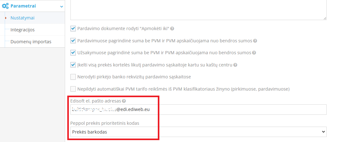 Edisoft el. pašto adreso įvedimo laukas