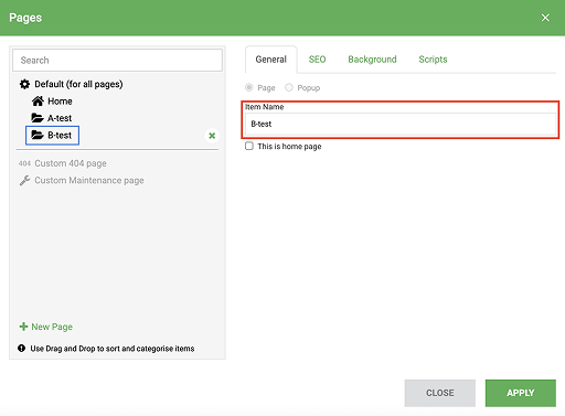 Renaming pages in website builder