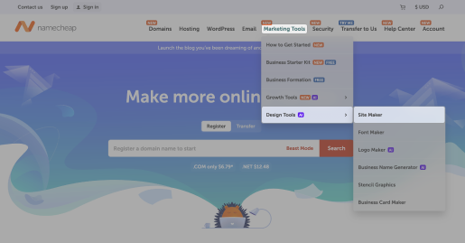 Namecheap menu
