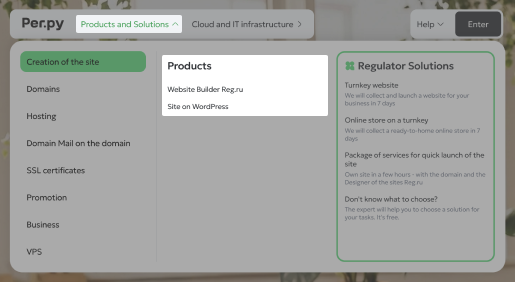 Reg.ru menu with w website builder and WordPress builder
