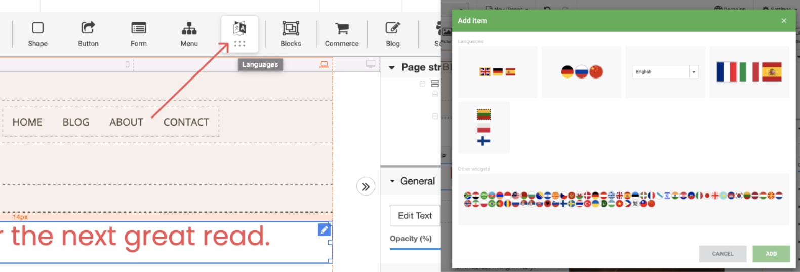 Find the "Languages" widget from the top menu