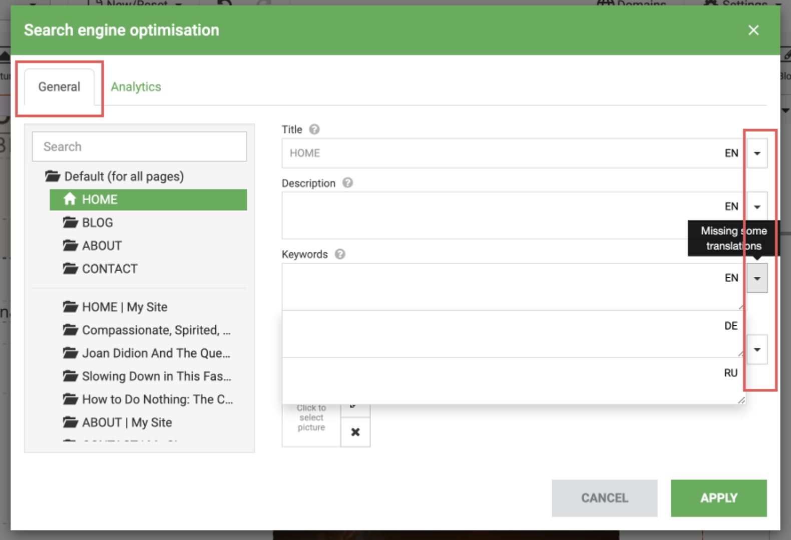 Edit the general information and descriptions of your website in different languages