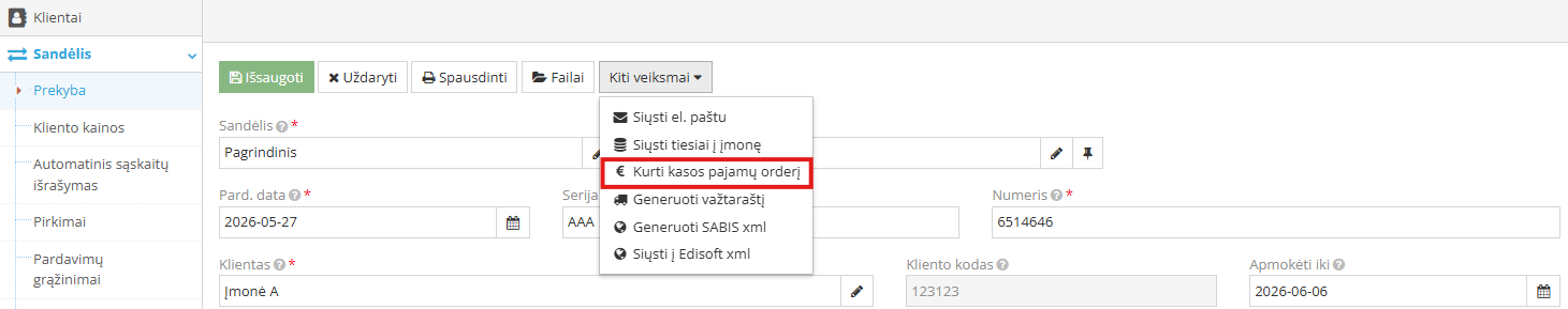 Kasos pajamų orderio sukūrimo langas