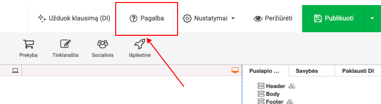 Mygtukas „Pagalba“ svetainių kūrimo priemonėje