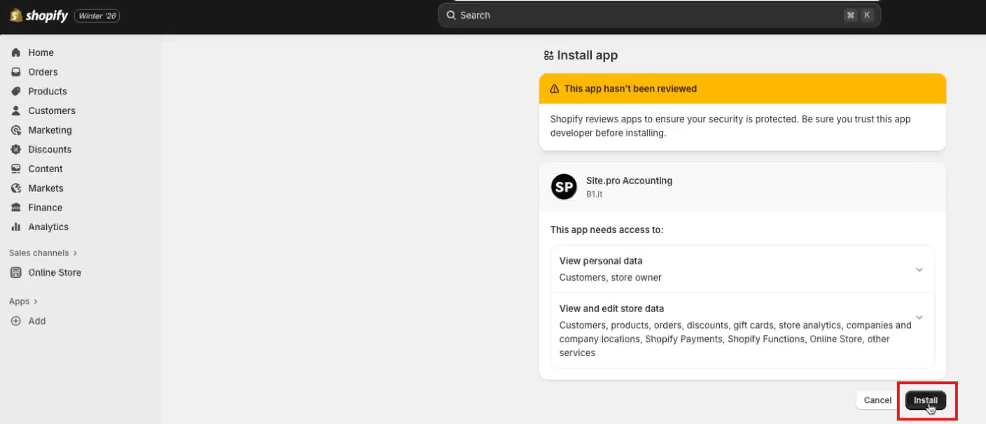 Instaliavimo mygtukas Shopify sistemoje