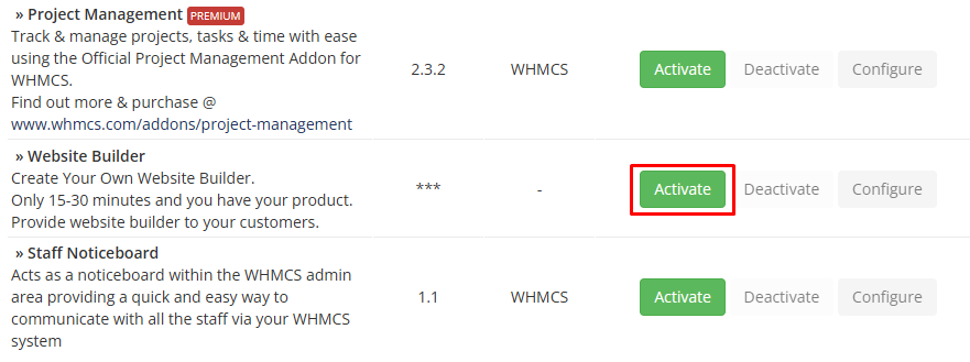 WHMCS Activate button